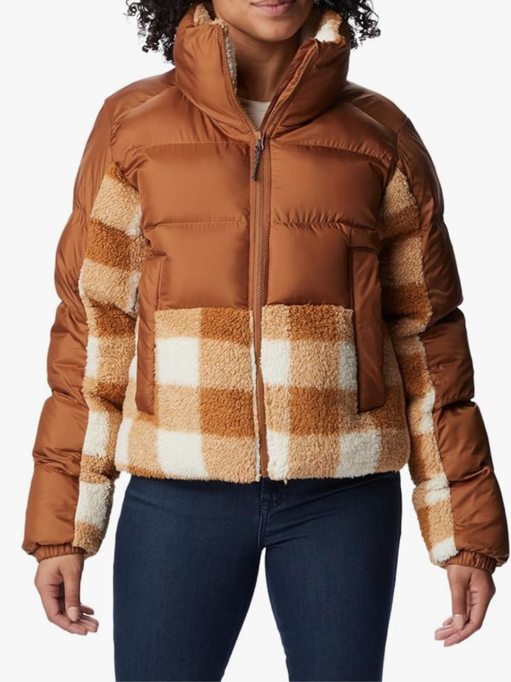 Columbia Women's Leadbetter Point Sherpa Hybrid in Brown and Cream Check/Plaid